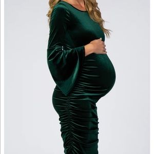 Forrest Green Velvet Ruched Bell Sleeve Bodycon Maternity Dress